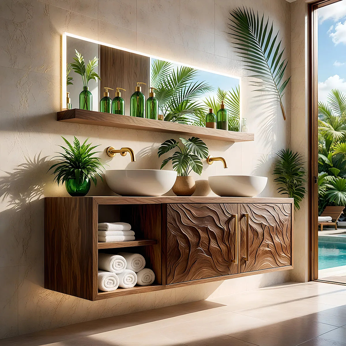 Handcrafted Solid Wood Floating Bathroom Vanity Cabinet with Carved Doors and Open Shelf