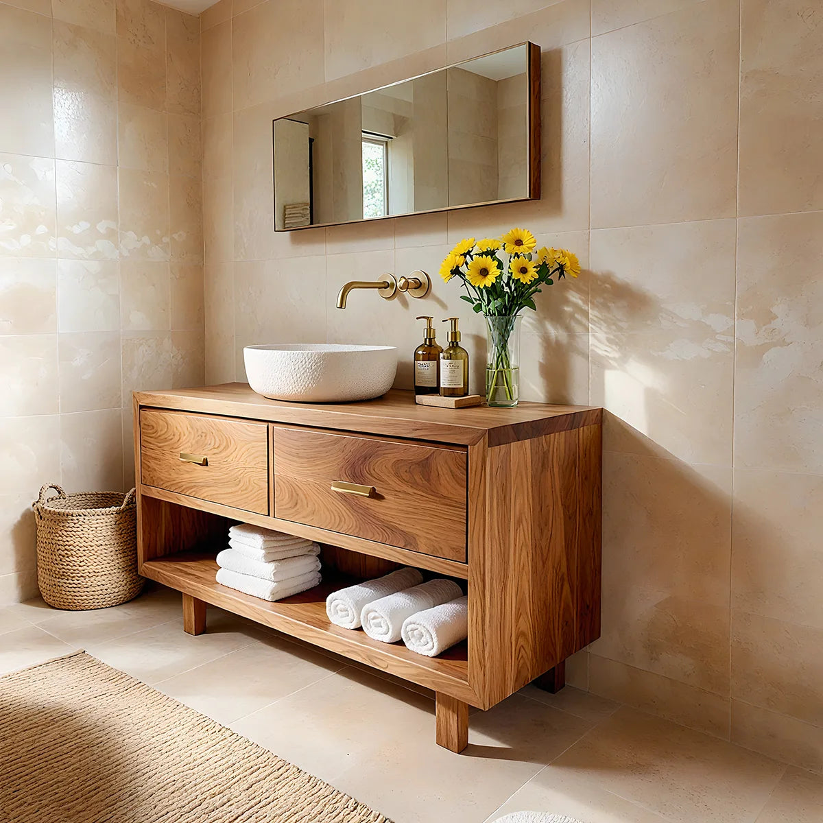 Handcrafted Natural Solid Wood Vanity Cabinet with Drawers and Open Shelf