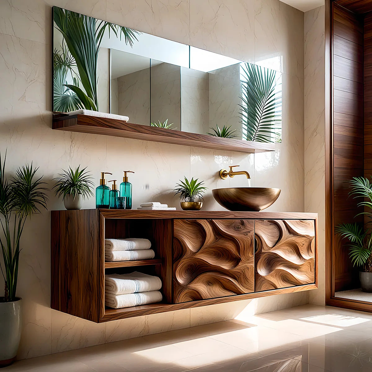 Handcrafted Natural Solid Wood Floating Vanity Cabinet with Carved Doors and Open Shelf