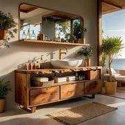 Rustic Natural Solid Wood Bathroom Vanity, Single Sink Wood Vanity with 3 Drawers & Open Shelf