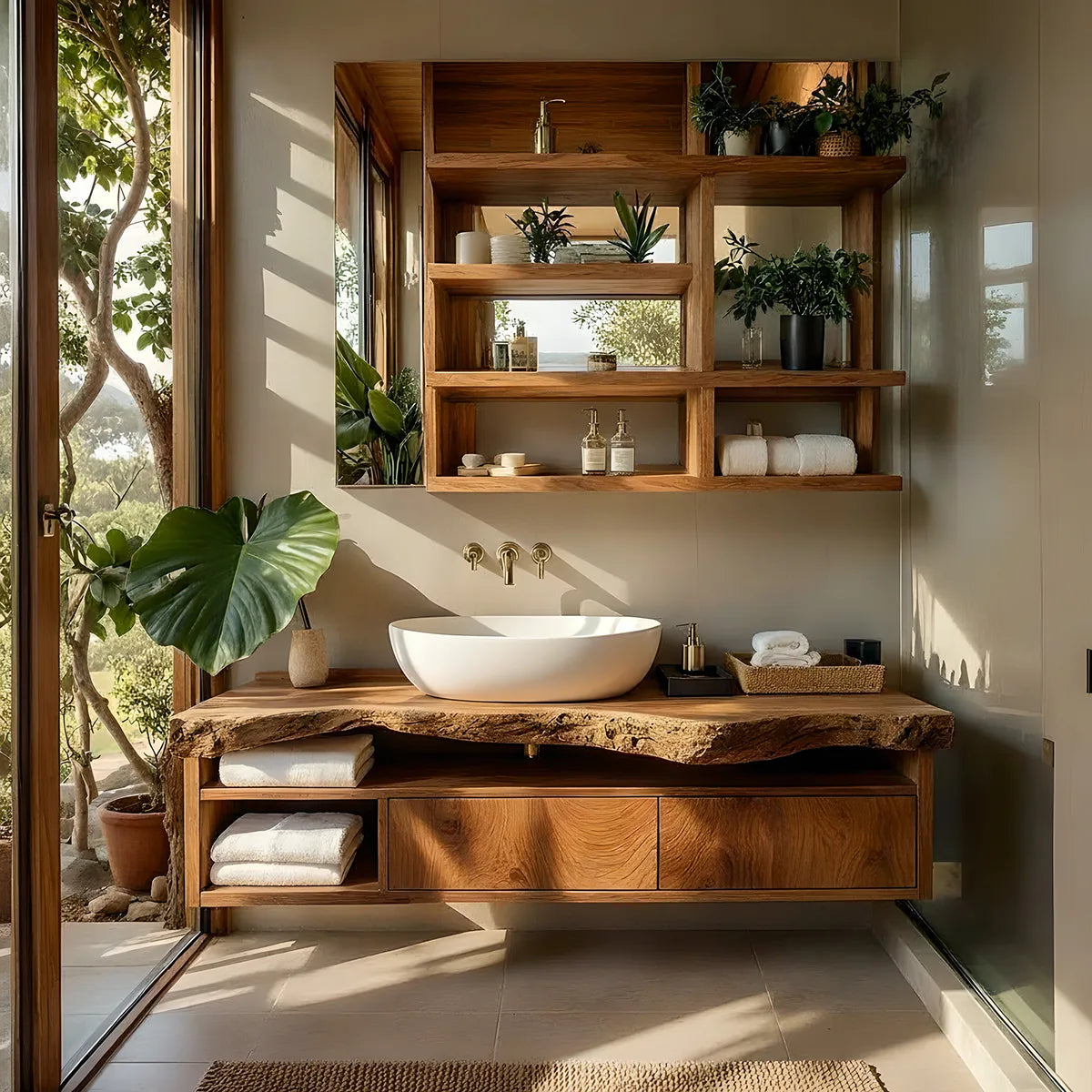Floating Solid Wood Bathroom Vanity with Live Edge Top and Drawers