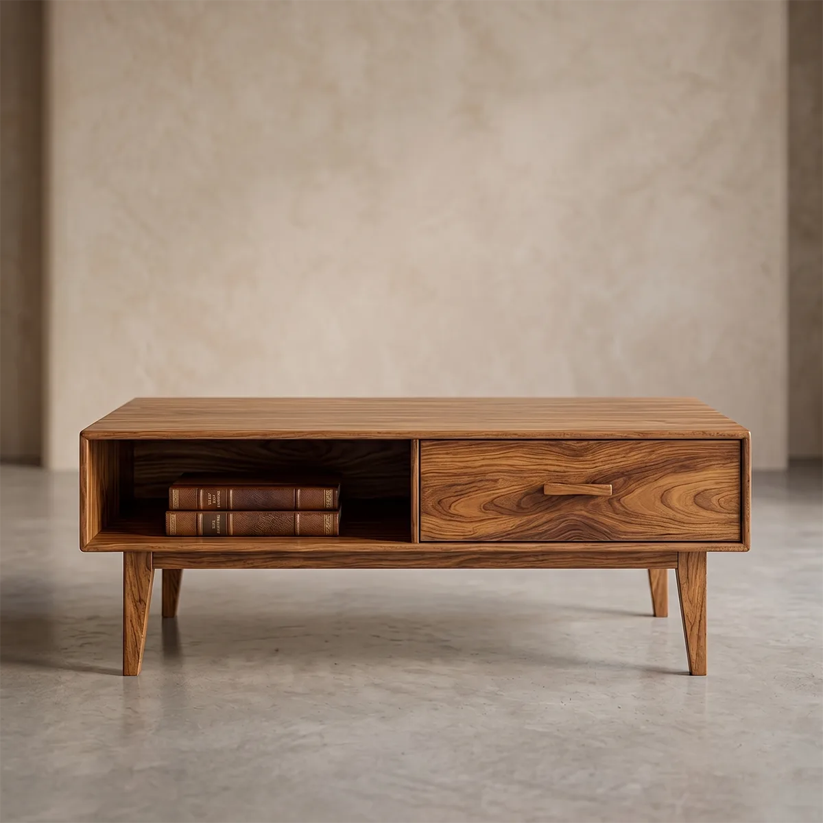Mid Century Modern Solid Wood Rectangular Coffee Table with Storage