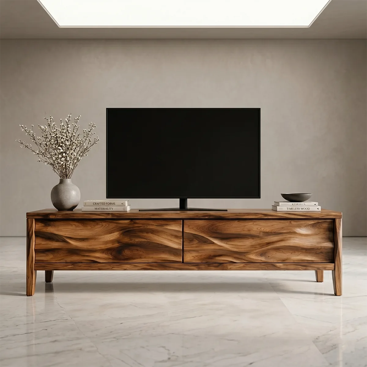 Modern Solid Wood 3D Wavy Carved TV Stand