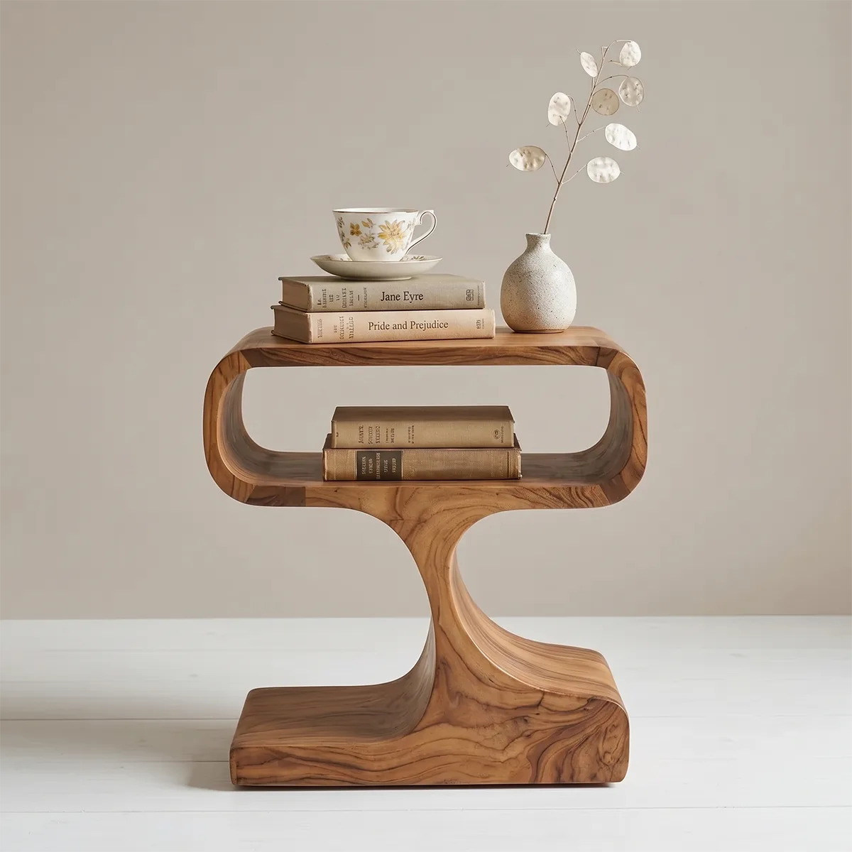 Solid Wood Sculptural Side Table with Storage | Modern End Table TH003-1002