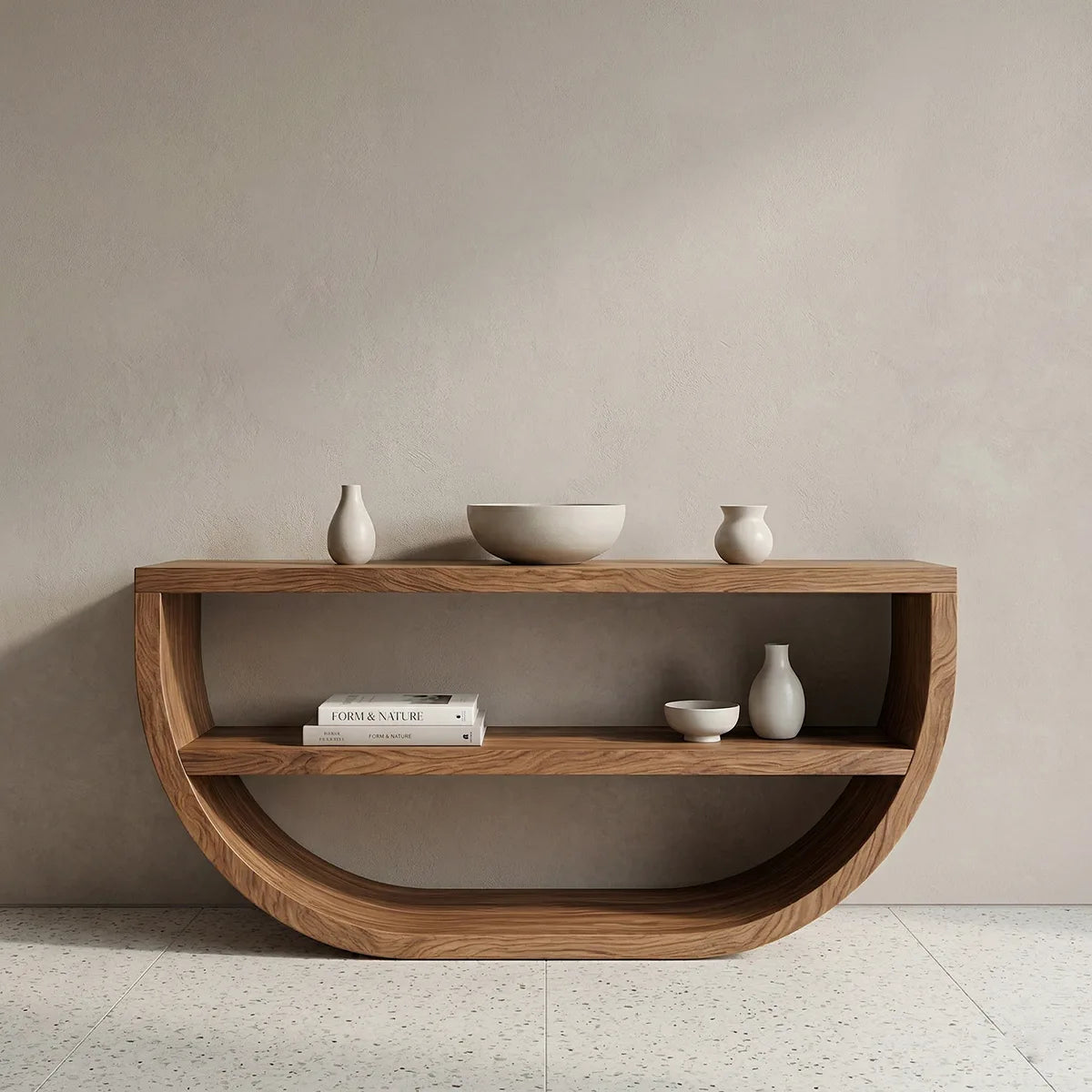 Modern Solid Wood Console Table with Curved Base and Open Shelf