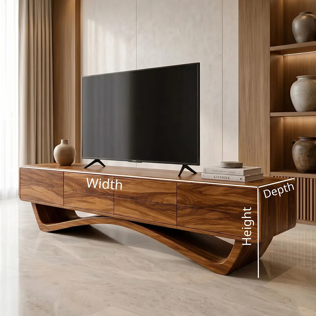 Modern Solid Wood TV Stand with Sculptural Sweeping Base