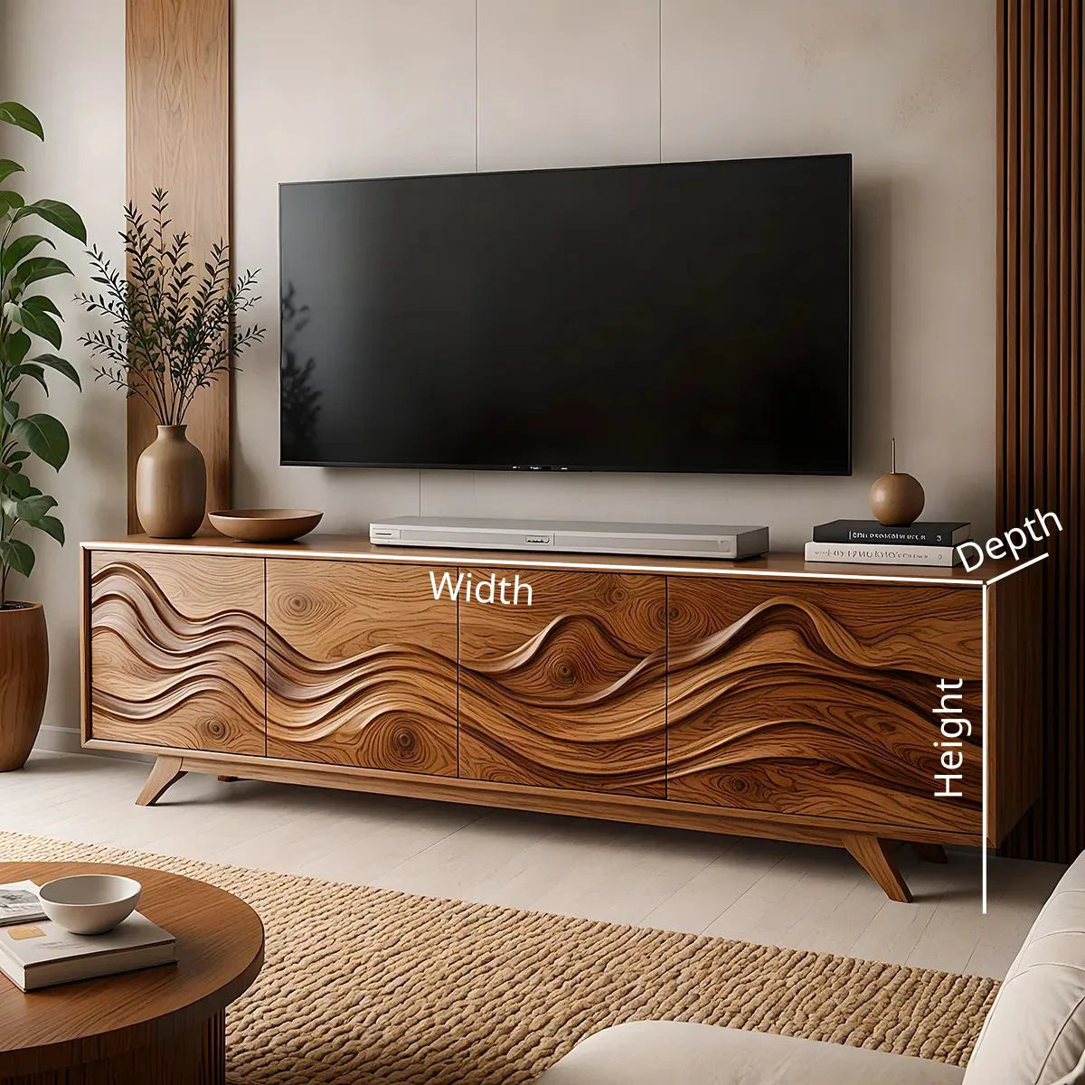 Mid-Century Modern Solid Wood TV Stand with Cabinet and Open Shelving