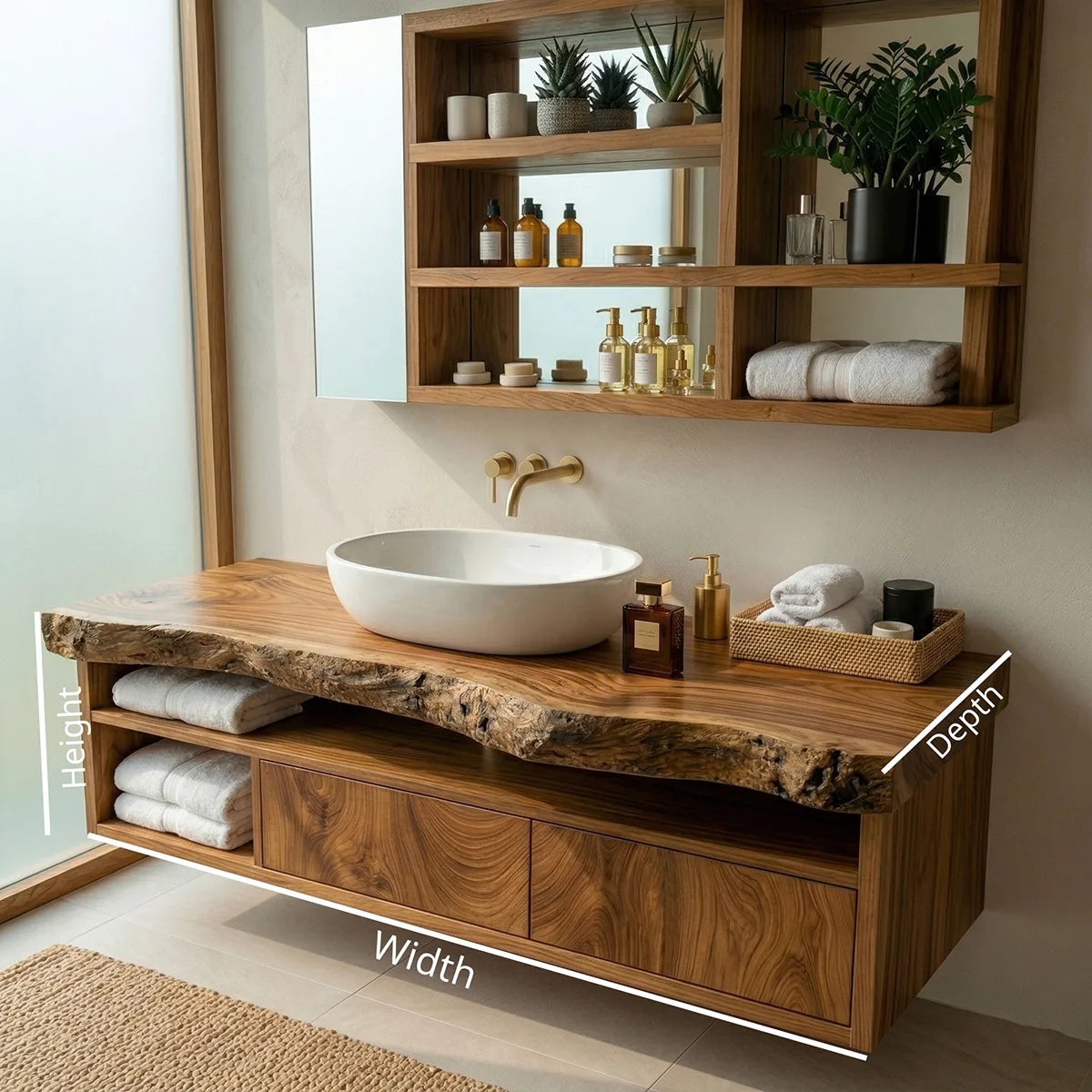 Floating Solid Wood Bathroom Vanity with Live Edge Top and Drawers