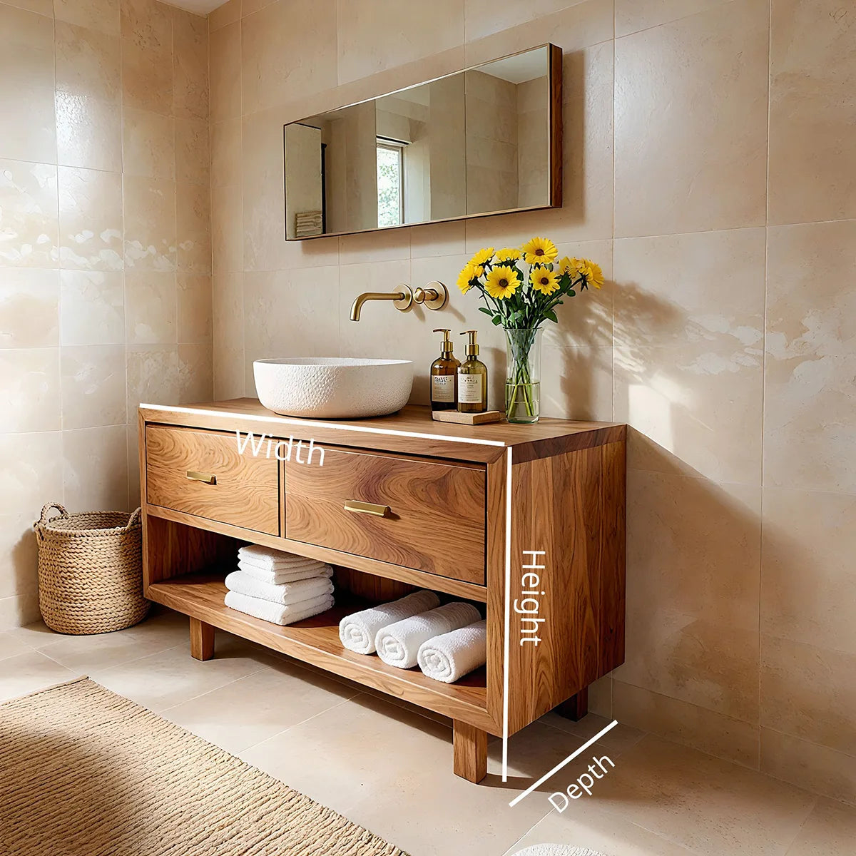 Handcrafted Natural Solid Wood Vanity Cabinet with Drawers and Open Shelf