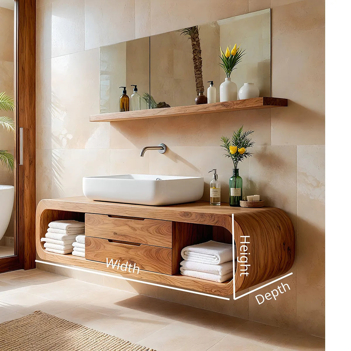 Handcrafted Curved Solid Wood Floating Vanity Cabinet with Drawers and Open Shelves