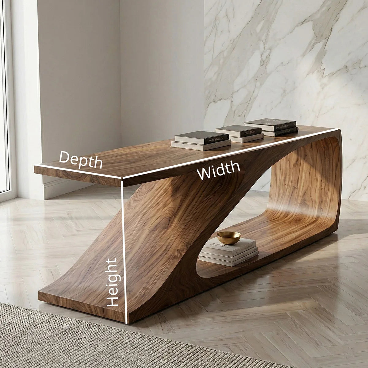 Solid Wood Sofa Console Table with Sculptural Curved Shelf Base