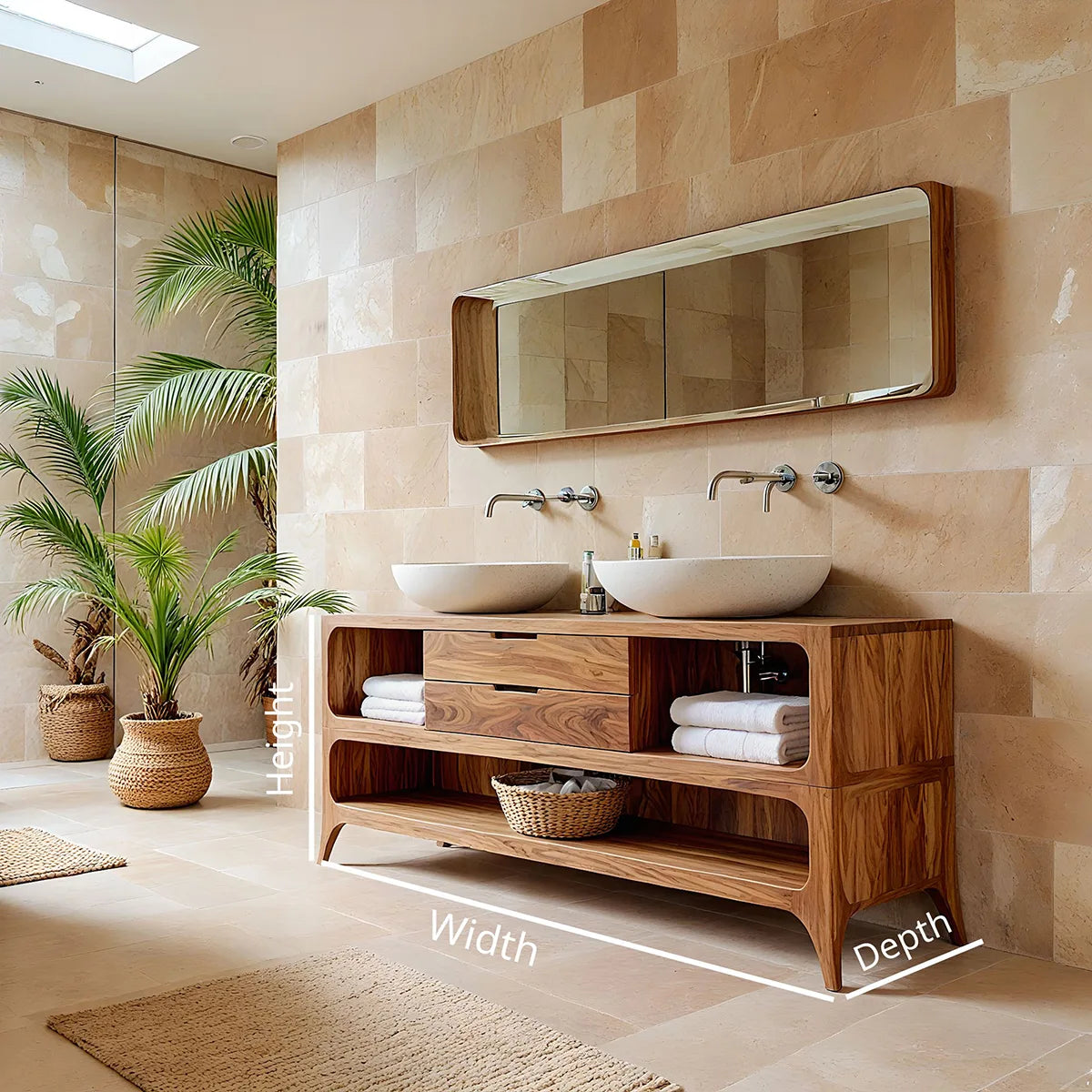 Handcrafted Natural Solid Wood Vanity Cabinet with Drawers and Open Shelves