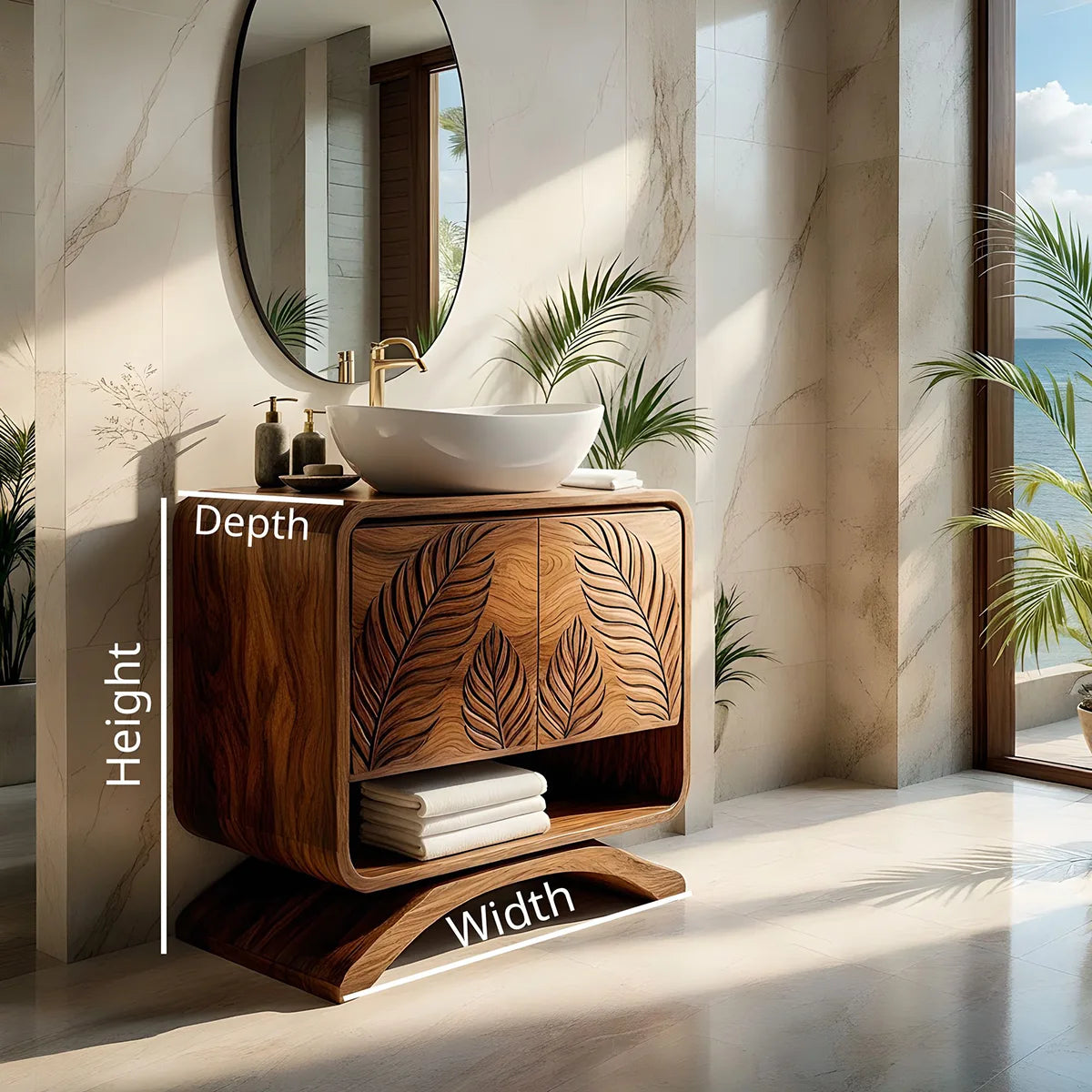 Handcrafted Solid Wood Vanity Cabinet with Carved Doors