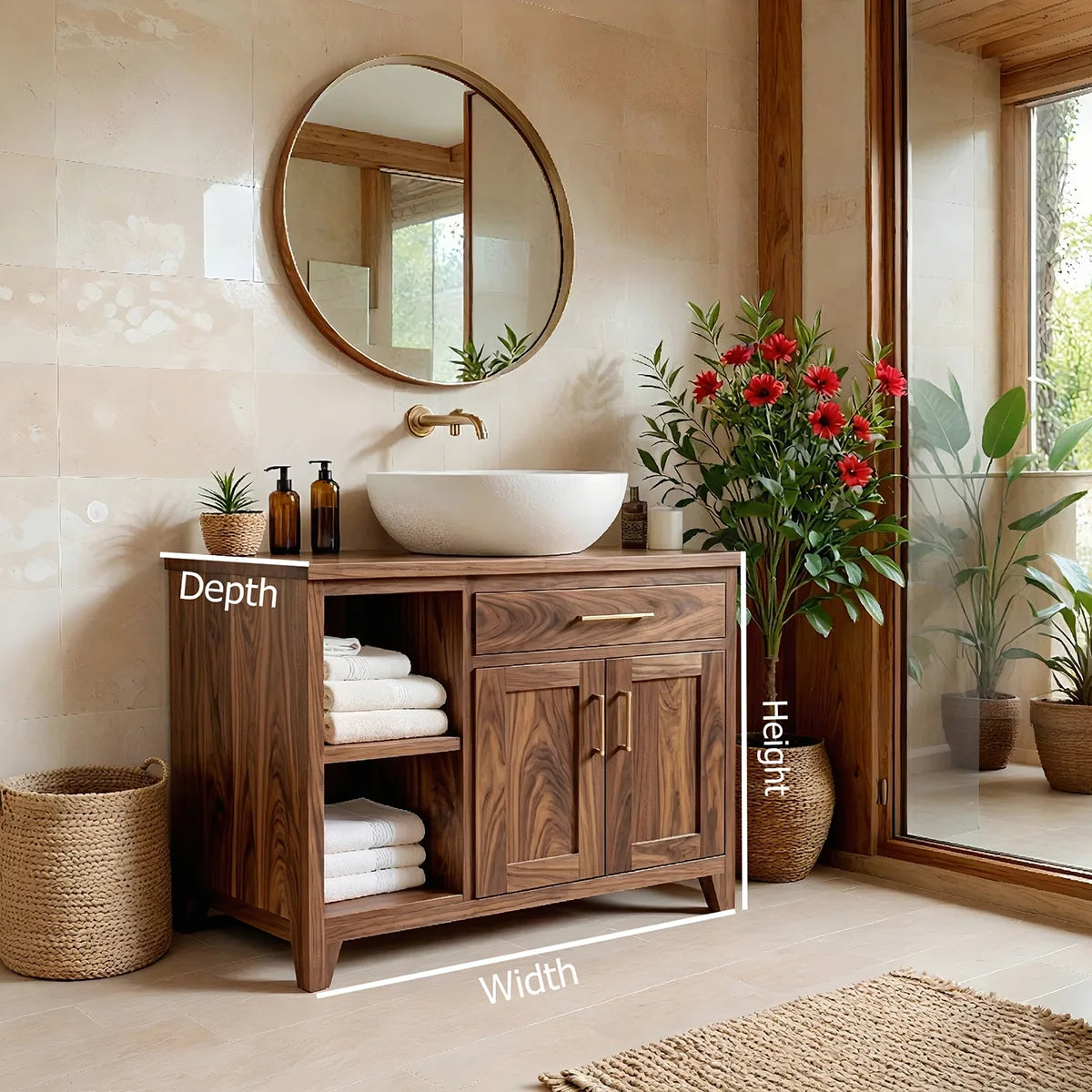 Traditional Bathroom Vanity Cabinet with Storage in Natural Solid Wood
