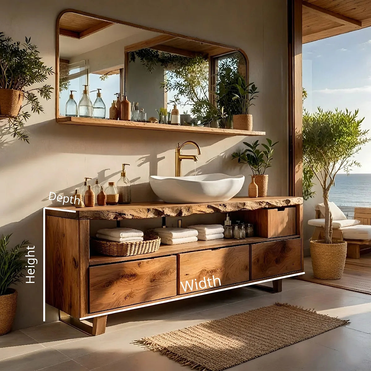 Rustic Natural Solid Wood Bathroom Vanity, Single Sink Wood Vanity with 3 Drawers & Open Shelf