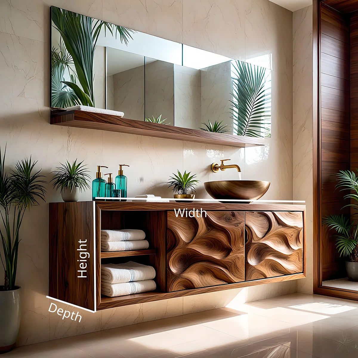 Handcrafted Natural Solid Wood Floating Vanity Cabinet with Carved Doors and Open Shelf