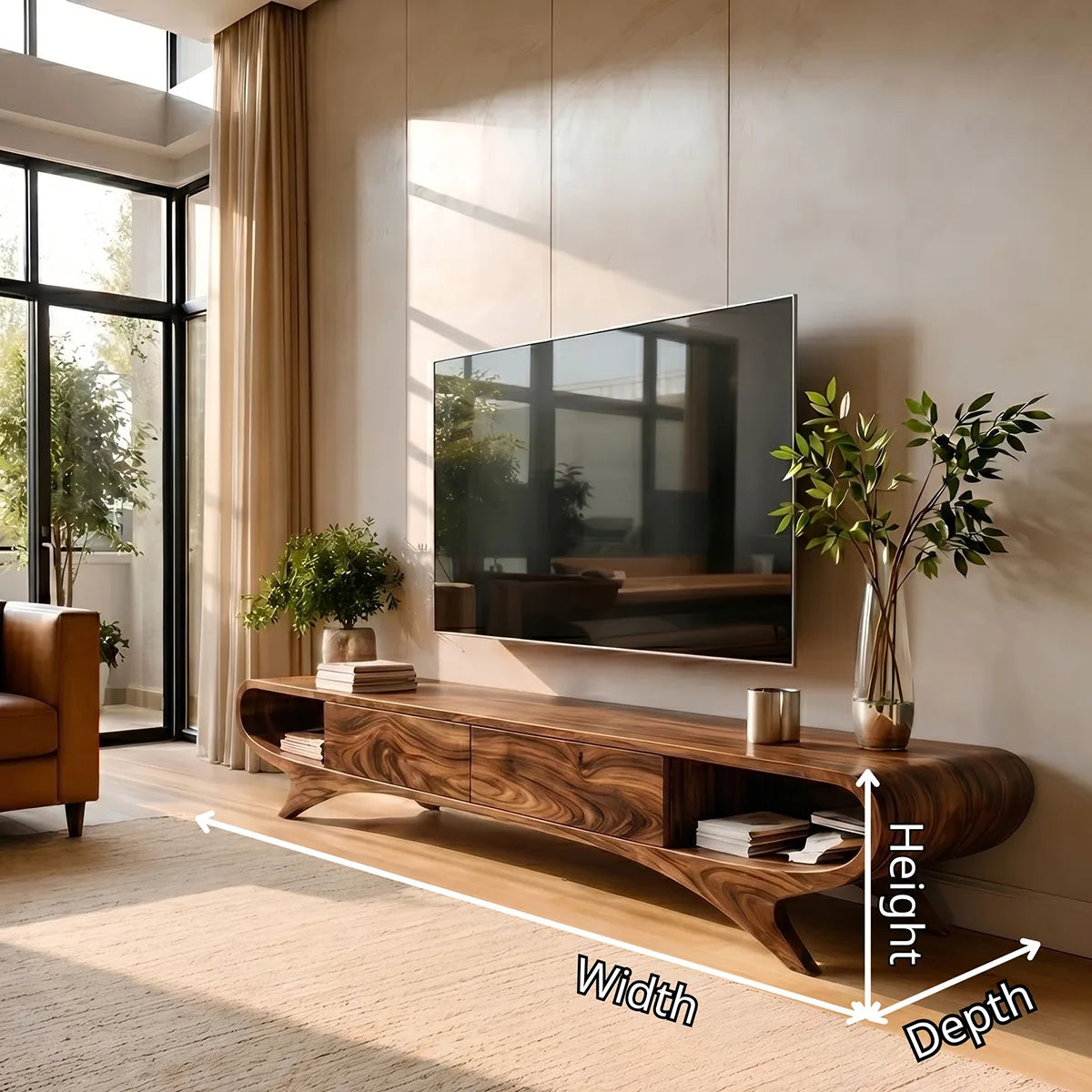 Modern Solid Wood Sculptural Curved TV Stand