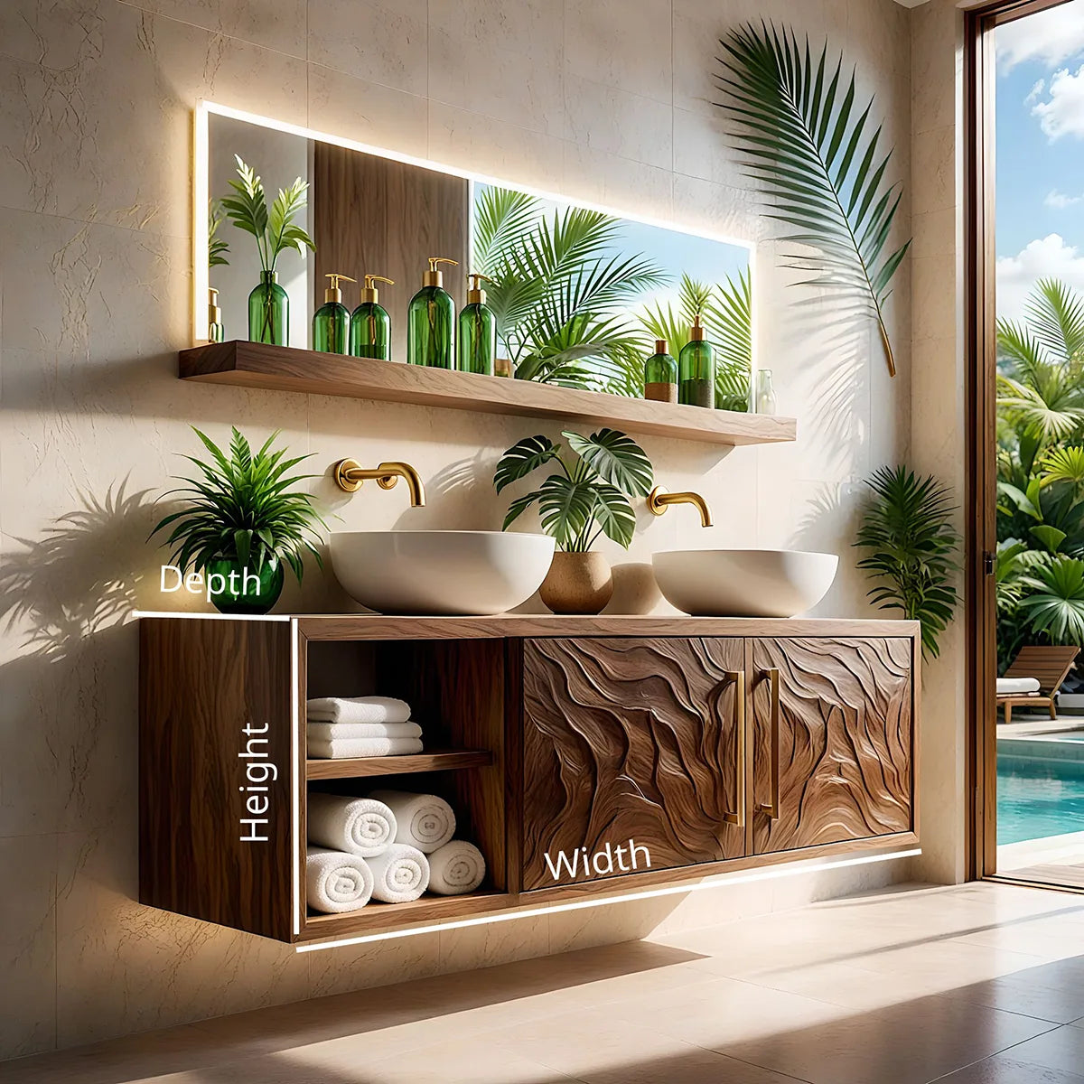 Handcrafted Solid Wood Floating Bathroom Vanity Cabinet with Carved Doors and Open Shelf