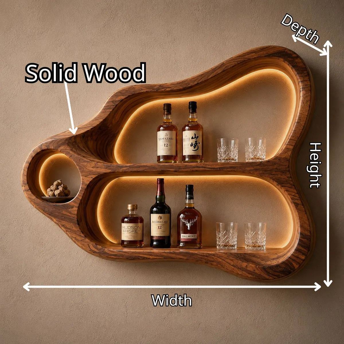 Sculptural Solid Wood Wall Wine Holder for Home Bars & Whiskey Collectors TT006-7510
