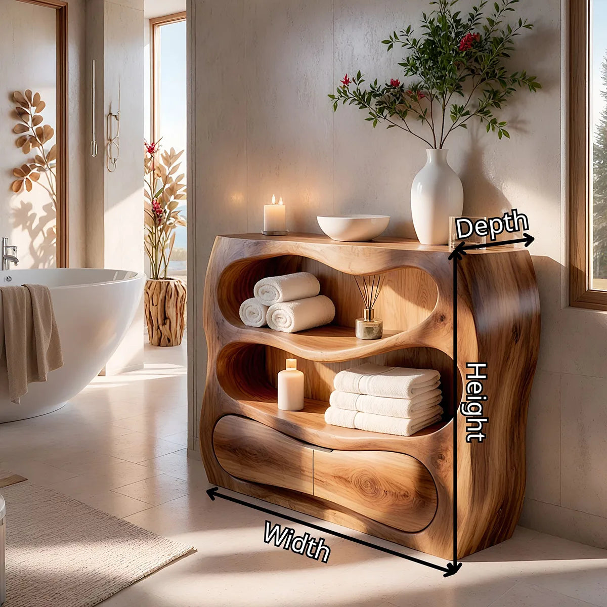 Sculptural Wood Bathroom Vanity | Organic Freestanding Vanity with Open Shelves & Storage Cabinet TT006-6NGL3LR