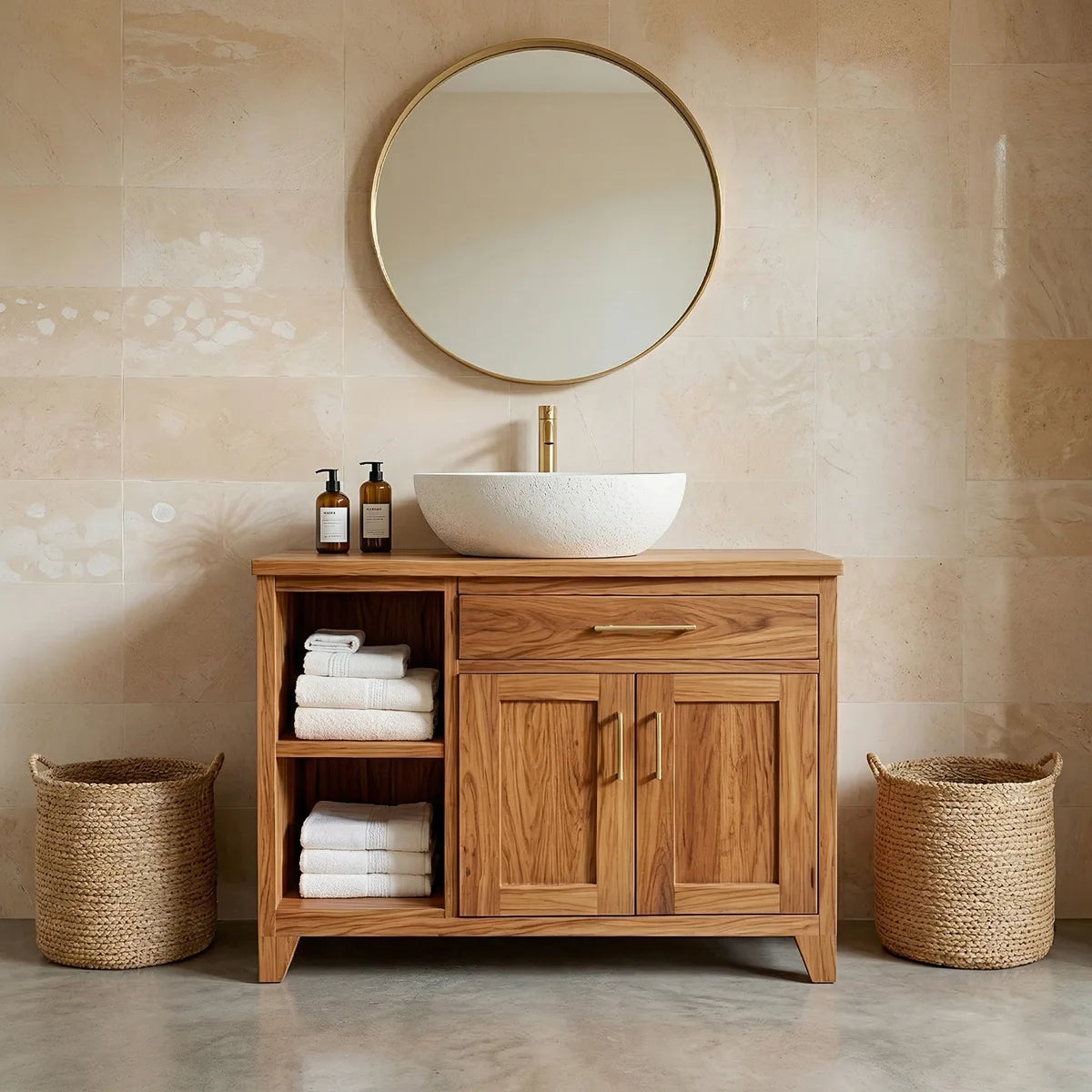 Traditional Bathroom Vanity Cabinet with Storage in Natural Solid Wood