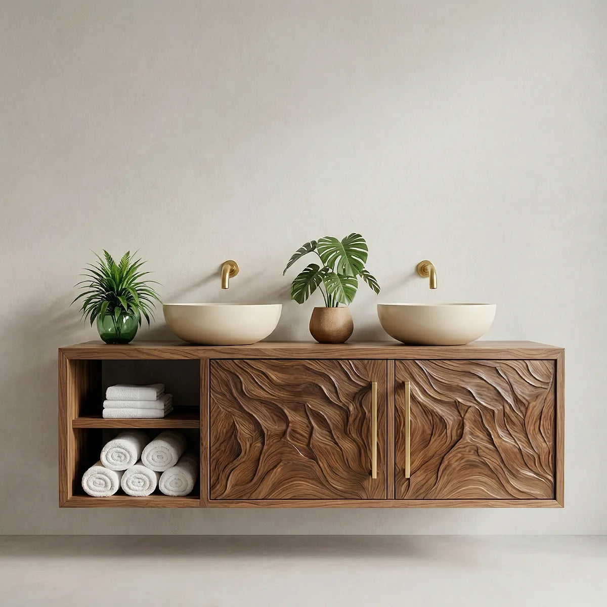 Handcrafted Solid Wood Floating Bathroom Vanity Cabinet with Carved Doors and Open Shelf