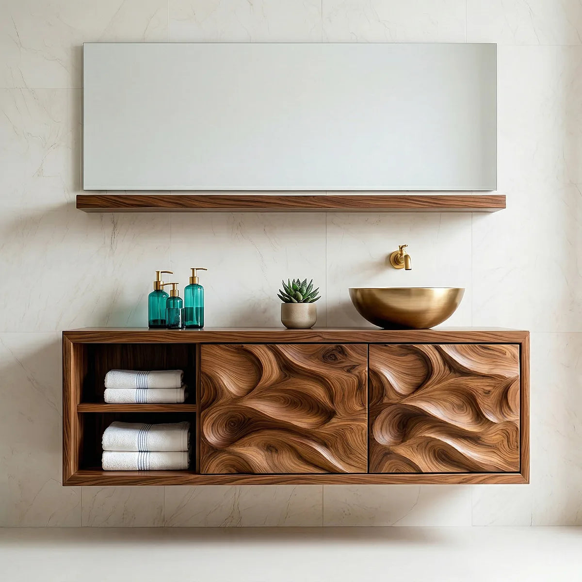 Handcrafted Natural Solid Wood Floating Vanity Cabinet with Carved Doors and Open Shelf