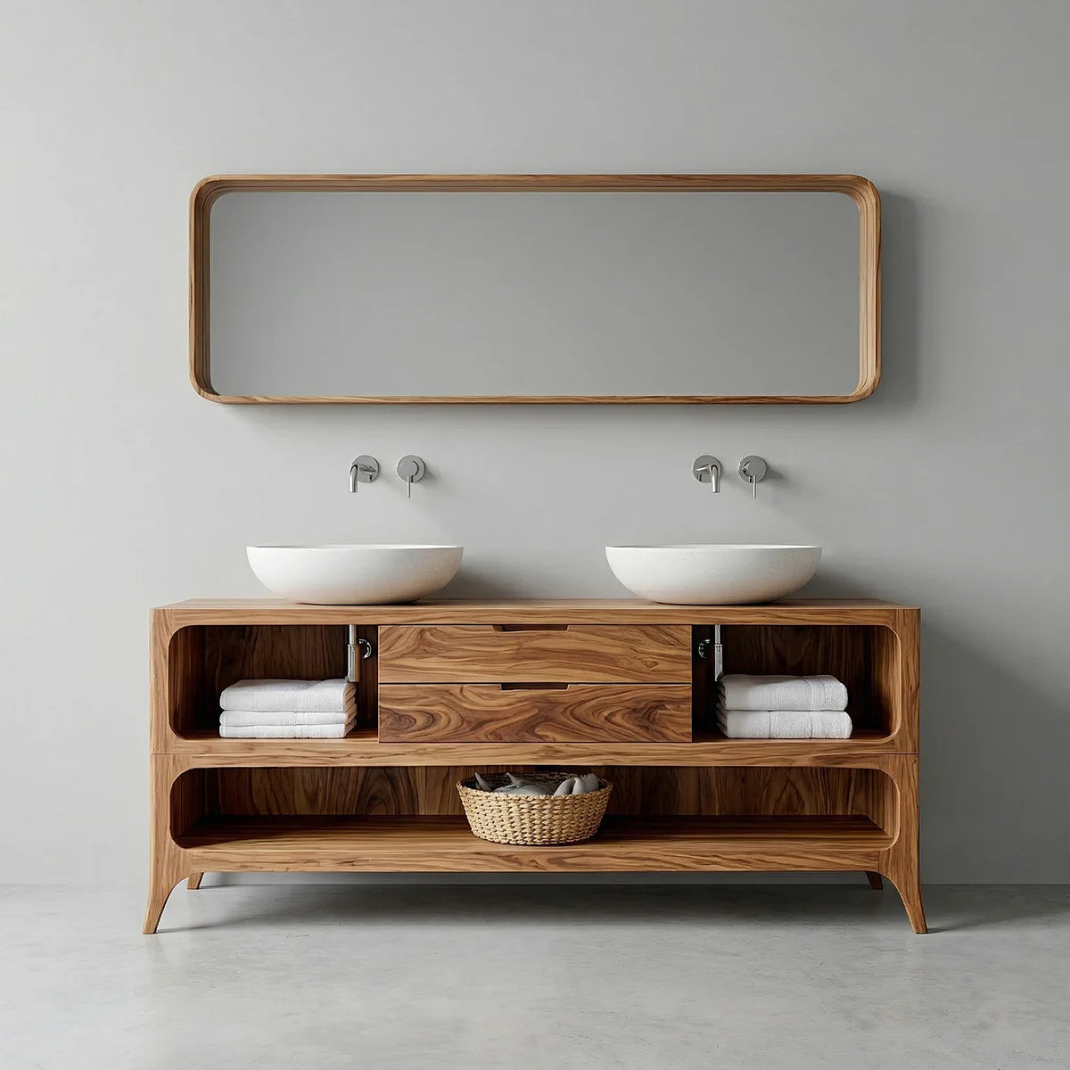 Handcrafted Natural Solid Wood Vanity Cabinet with Drawers and Open Shelves