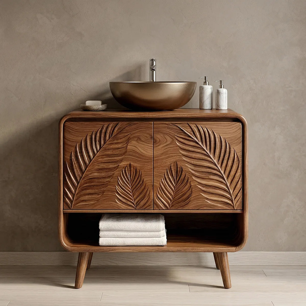 Handcrafted Solid Wood Vanity Cabinet with Carved Doors and Open Shelf