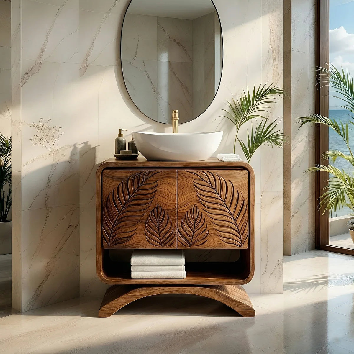 Handcrafted Solid Wood Vanity Cabinet with Carved Doors