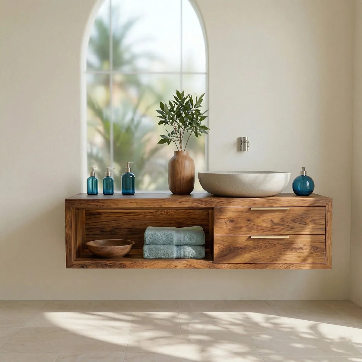 Natural Wood Floating Vanity Idea For Bathroom Upgrade