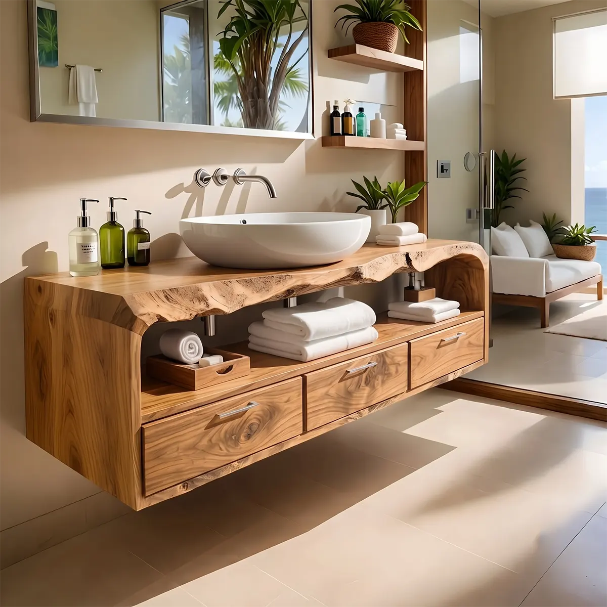 Floating Solid Wood Bathroom Vanity with Live Edge Top, Open Shelf, and 3 Drawers