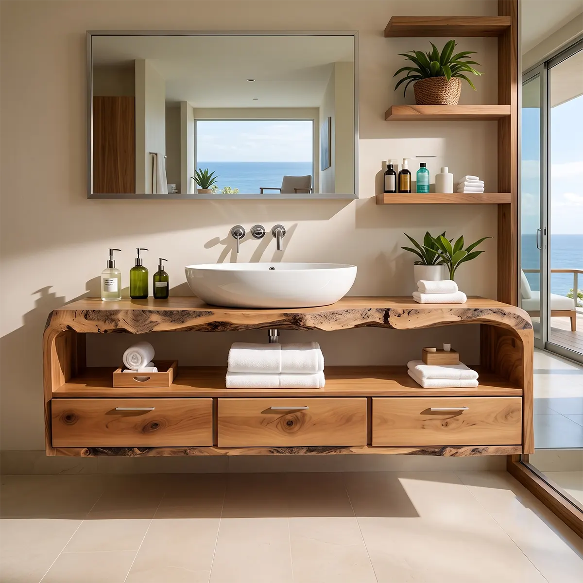 Floating Solid Wood Bathroom Vanity with Live Edge Top, Open Shelf, and 3 Drawers