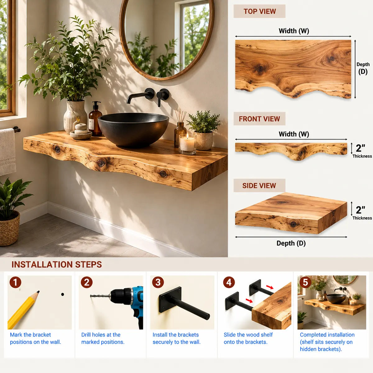 Organic Edge Floating Bathroom Vanity | Thick Wall Mounted Vanity Countertop TT006-5GES4EE