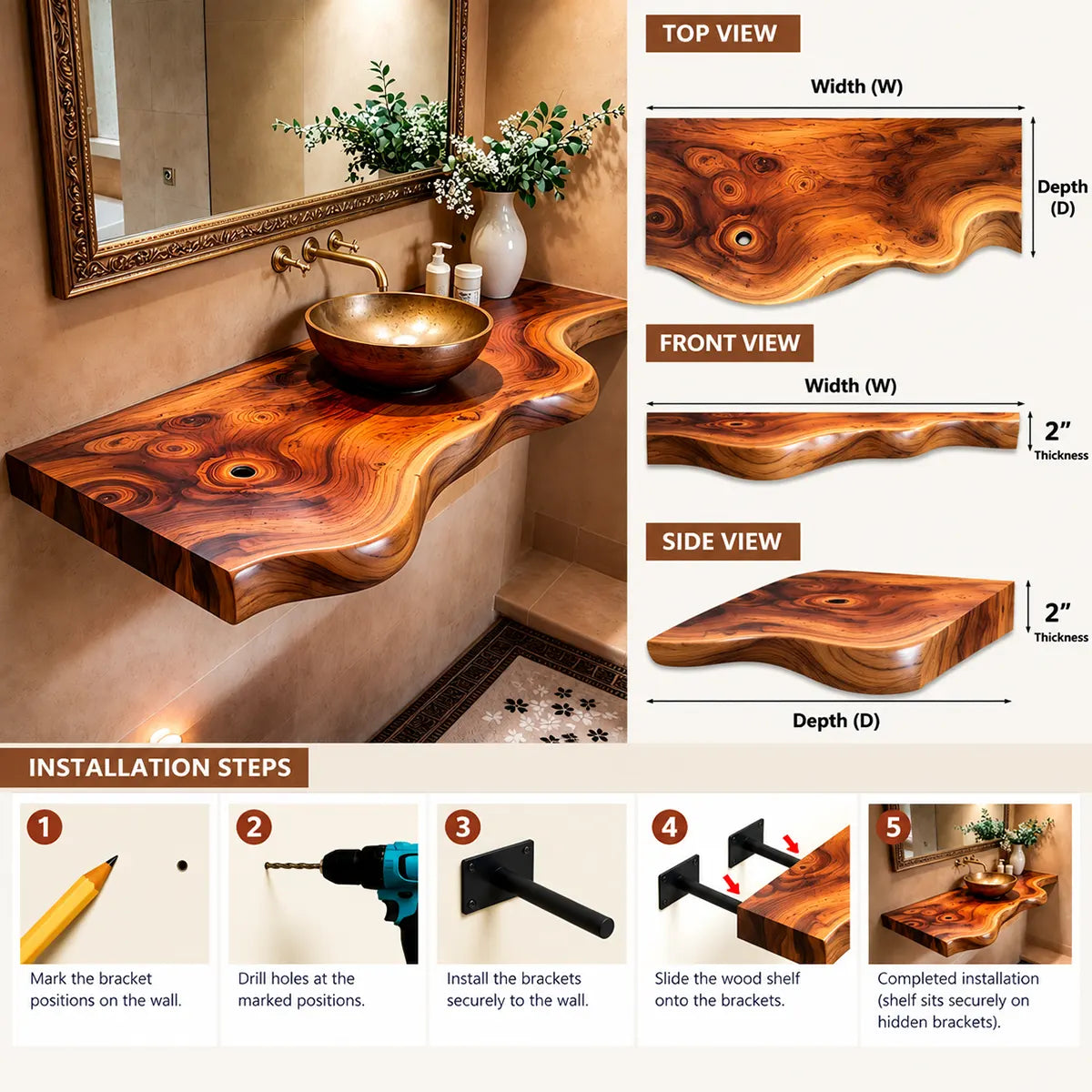 Sculptural Wave Edge Floating Bathroom Vanity | Wall Mounted Vanity Countertop TT006-7XPU4FZ