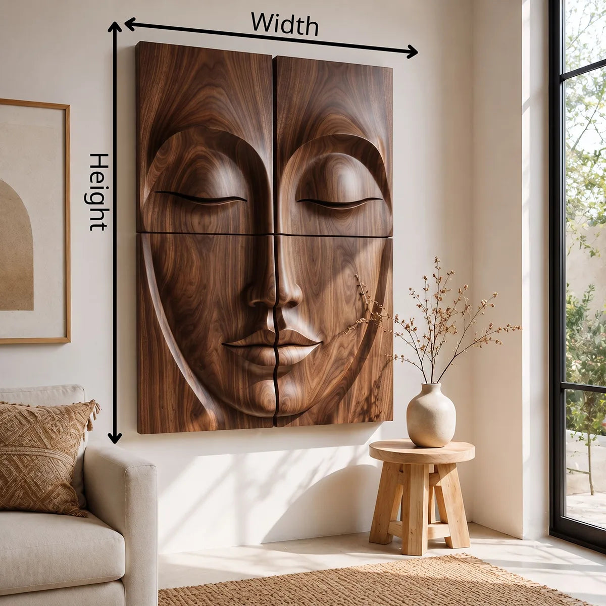 Zen Wooden Buddha Face Wall Art | Large 4 Panel Wood Wall Sculpture TT006-7173