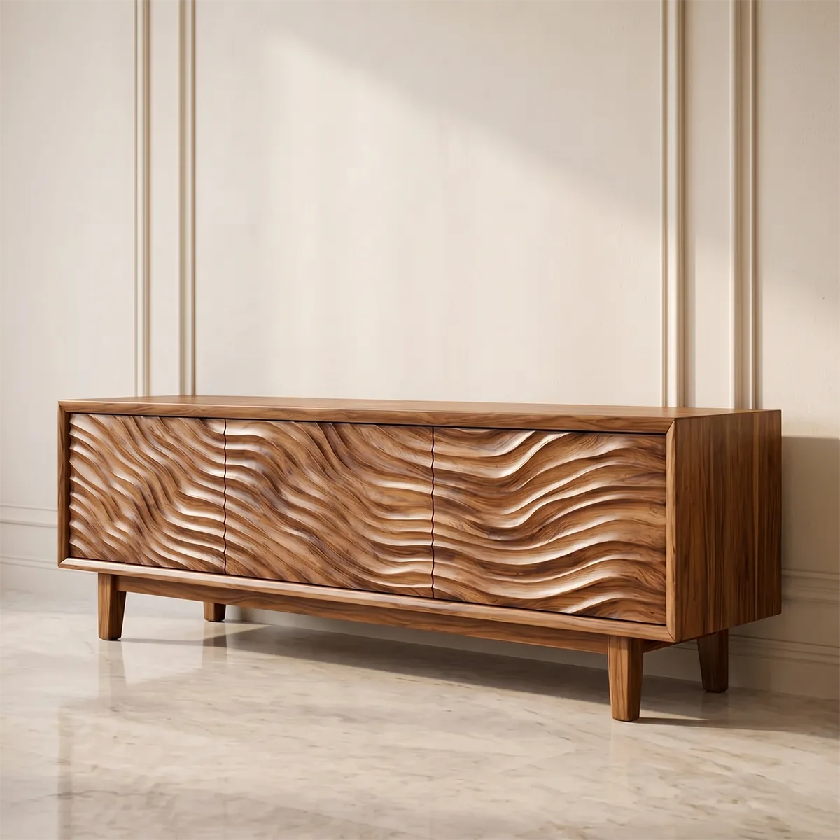 Modern Solid Wood Three Door Wavy Carved TV Stand
