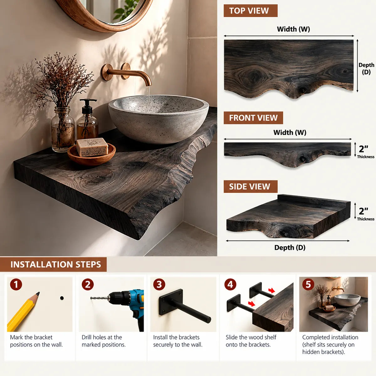 Asymmetrical Live Edge Floating Bathroom Vanity | Wall Mounted Vanity Countertop TT006-8BAA3EK