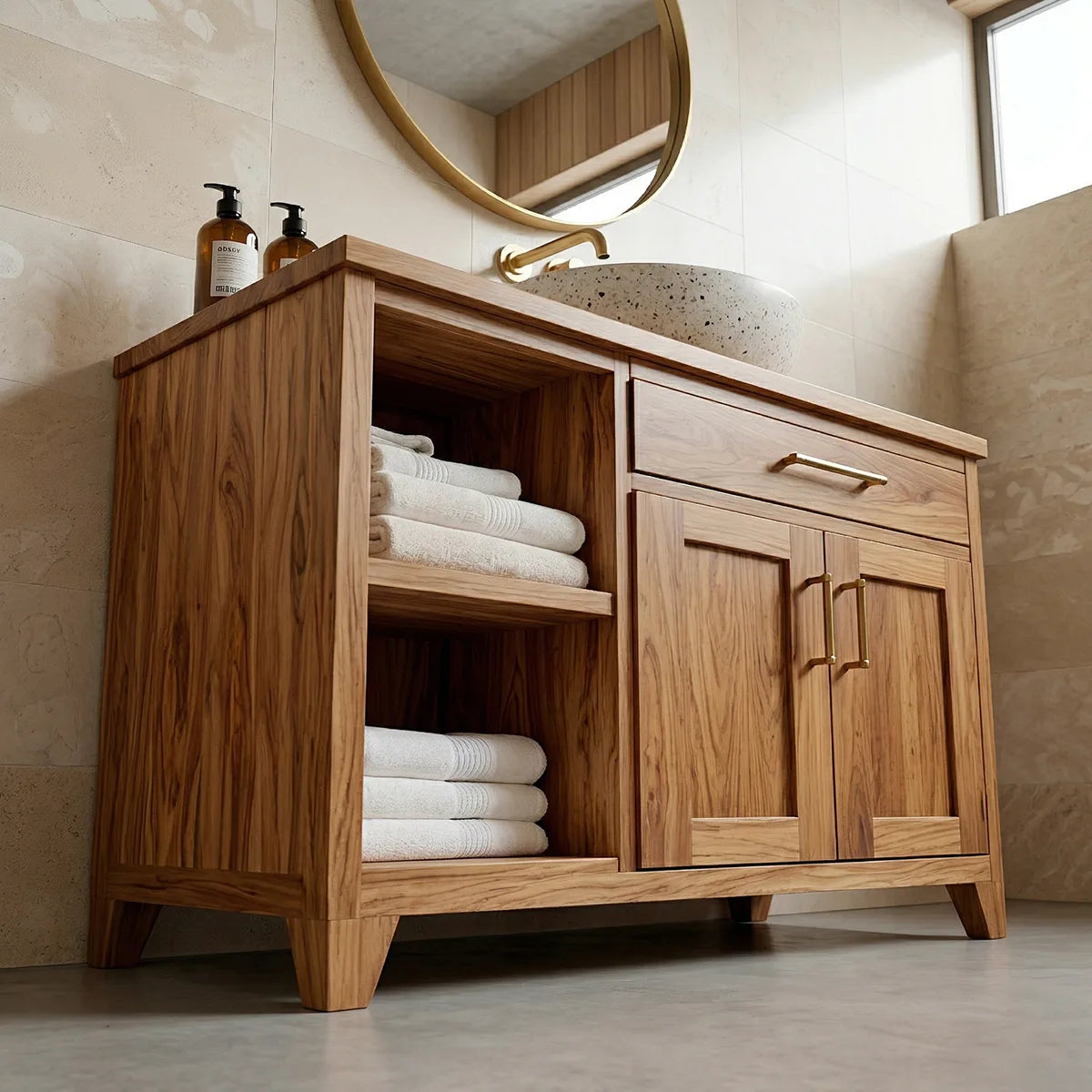 Traditional Bathroom Vanity Cabinet with Storage in Natural Solid Wood