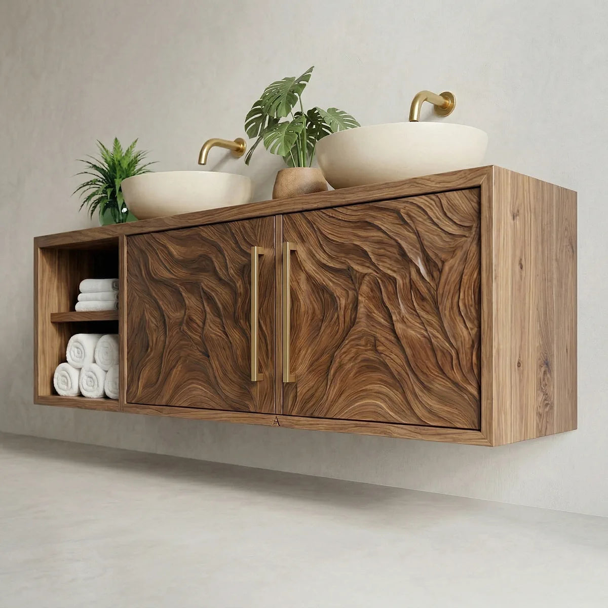 Handcrafted Solid Wood Floating Bathroom Vanity Cabinet with Carved Doors and Open Shelf