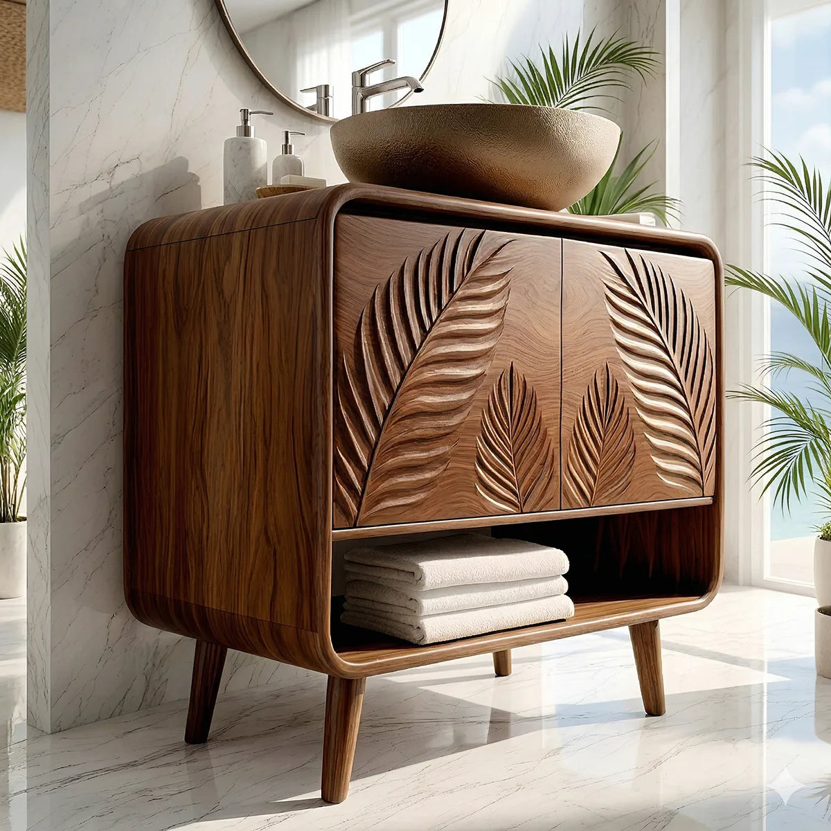 Handcrafted Solid Wood Vanity Cabinet with Carved Doors and Open Shelf