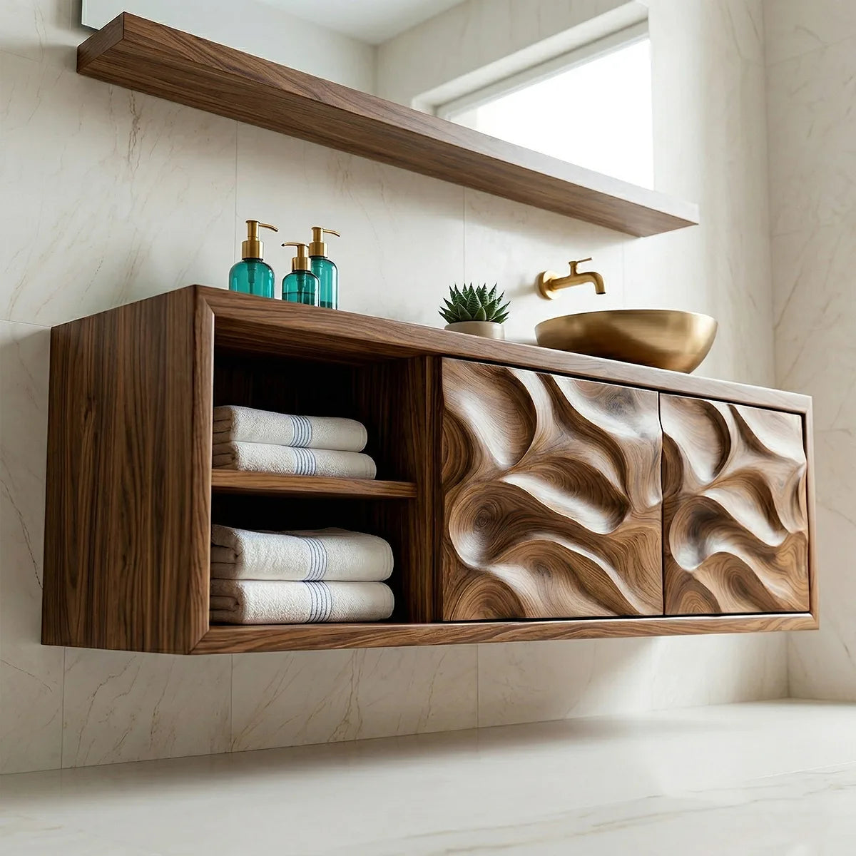 Handcrafted Natural Solid Wood Floating Vanity Cabinet with Carved Doors and Open Shelf