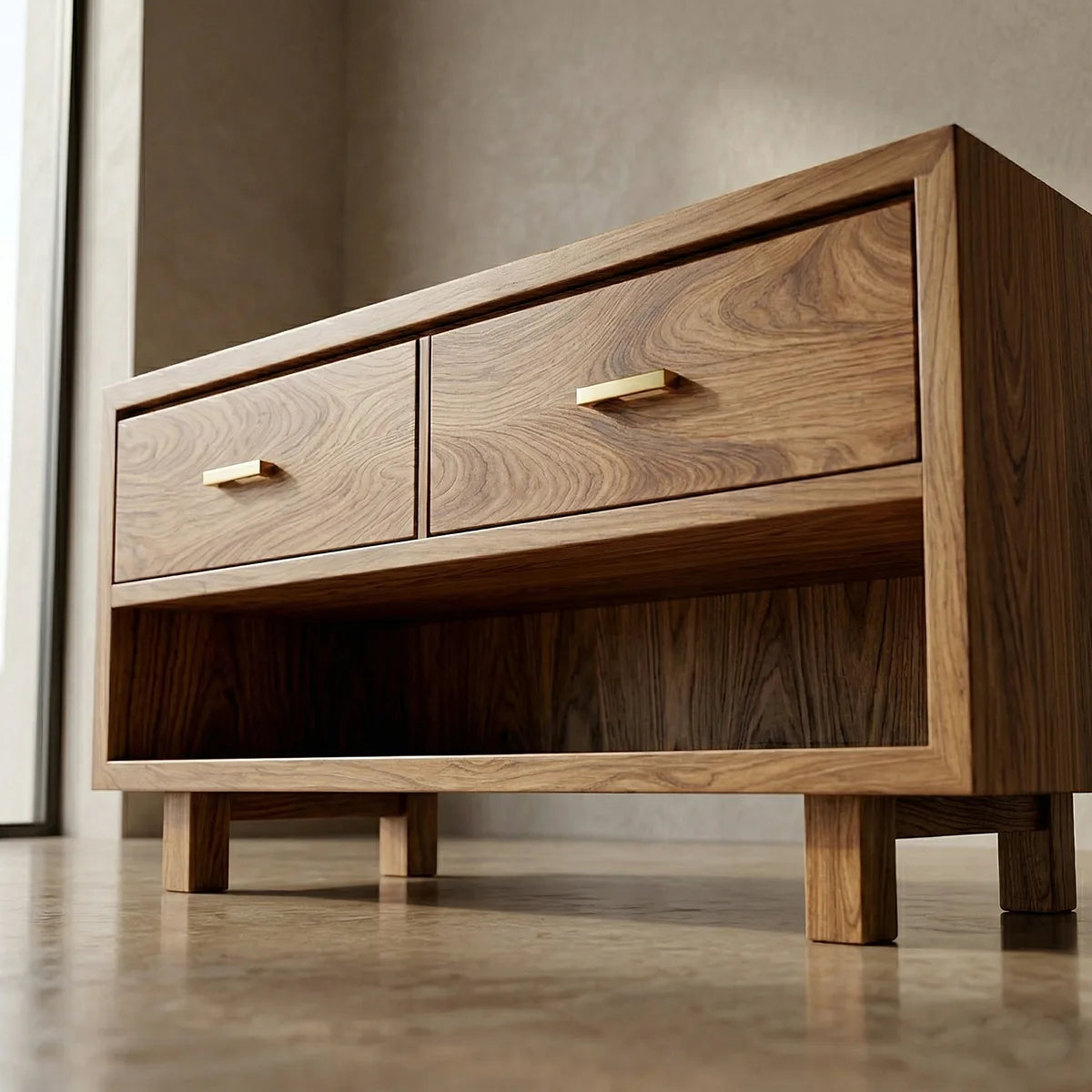 Handcrafted Natural Solid Wood Vanity Cabinet with Drawers and Open Shelf