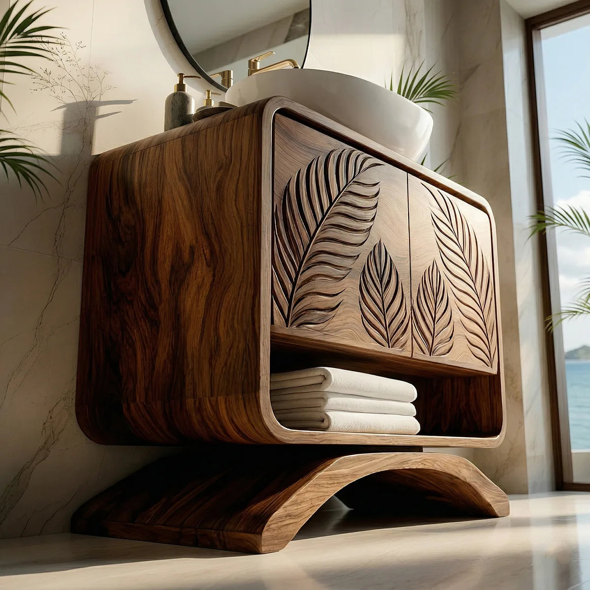 Handcrafted Solid Wood Vanity Cabinet with Carved Doors