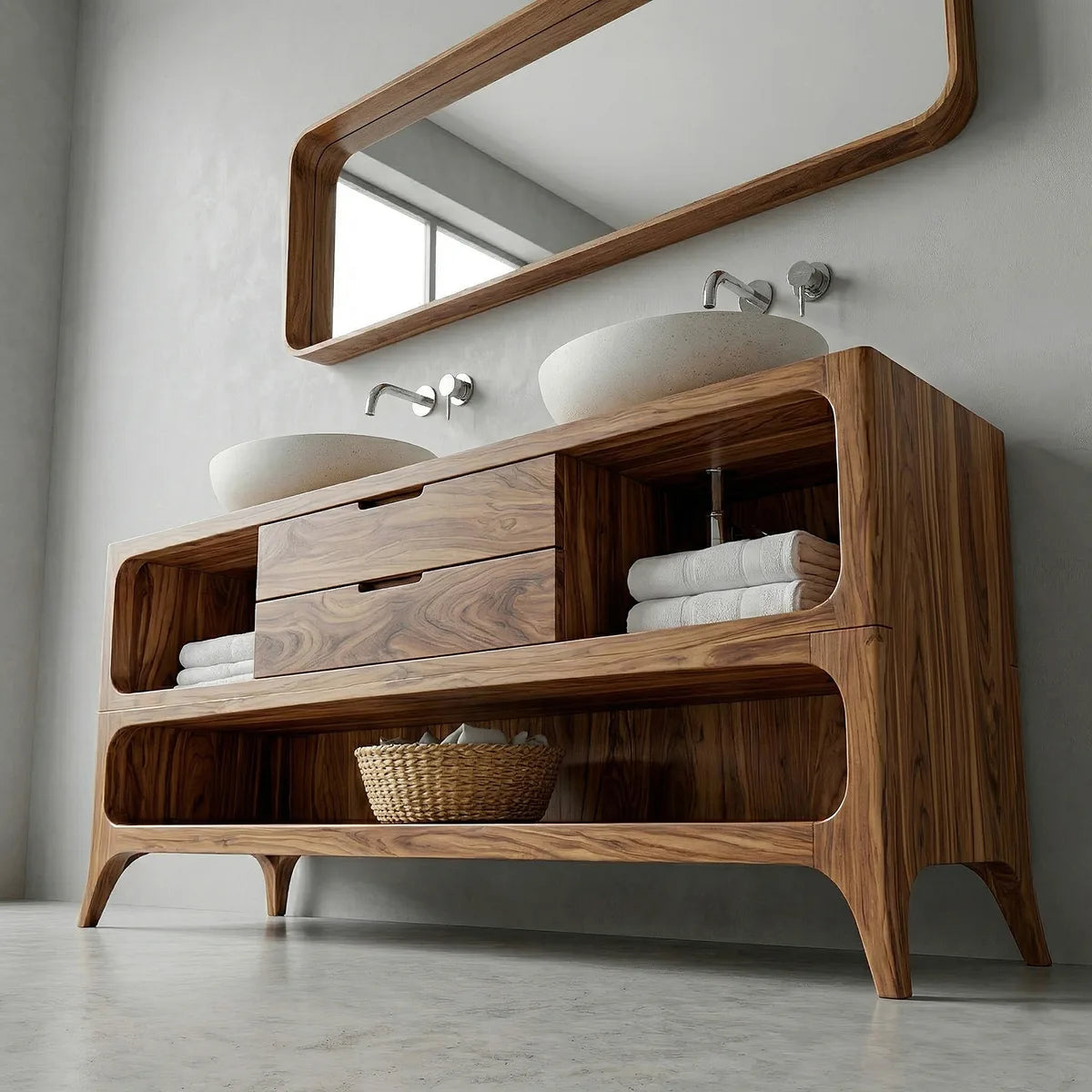 Handcrafted Natural Solid Wood Vanity Cabinet with Drawers and Open Shelves