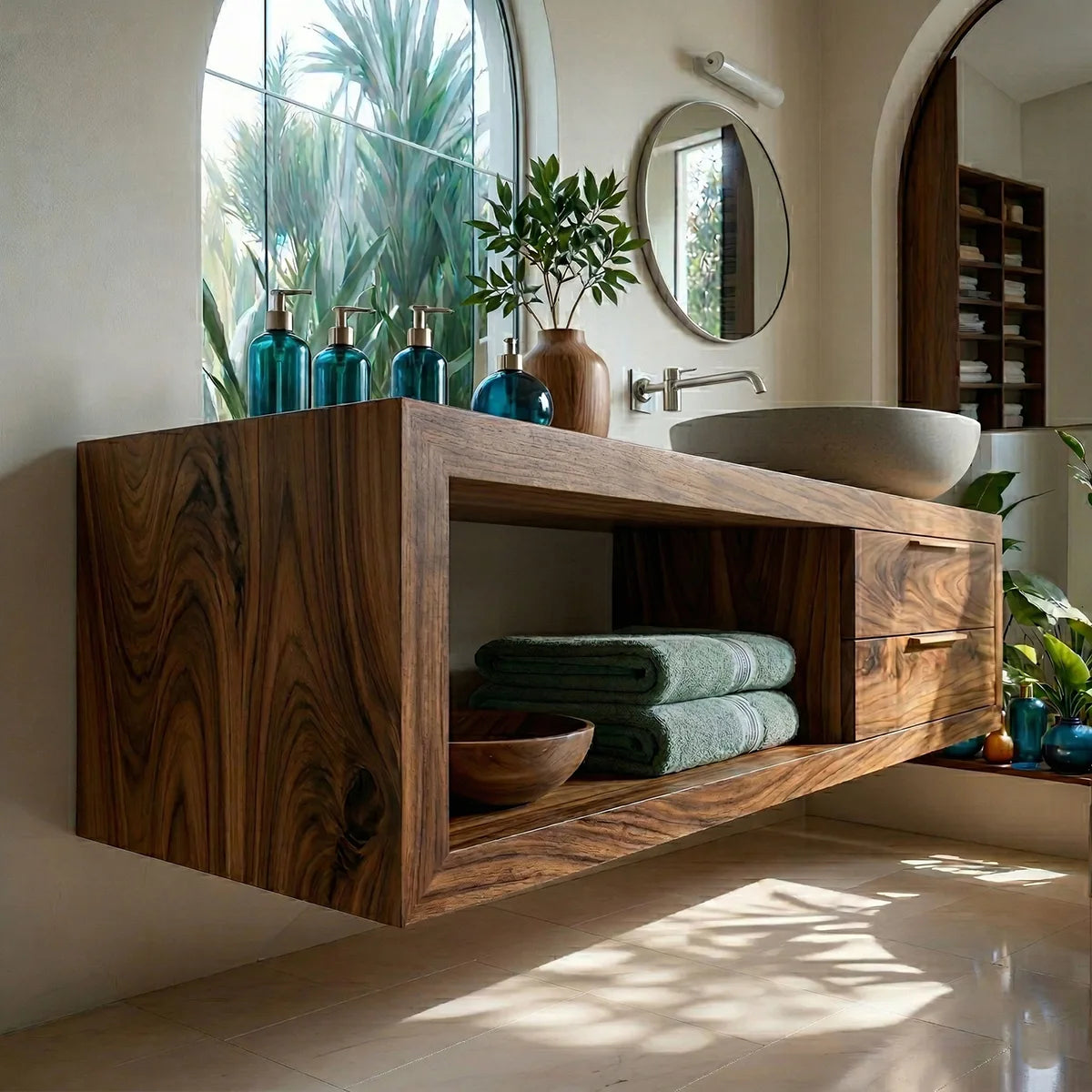 Natural Wood Floating Vanity Idea For Bathroom Upgrade