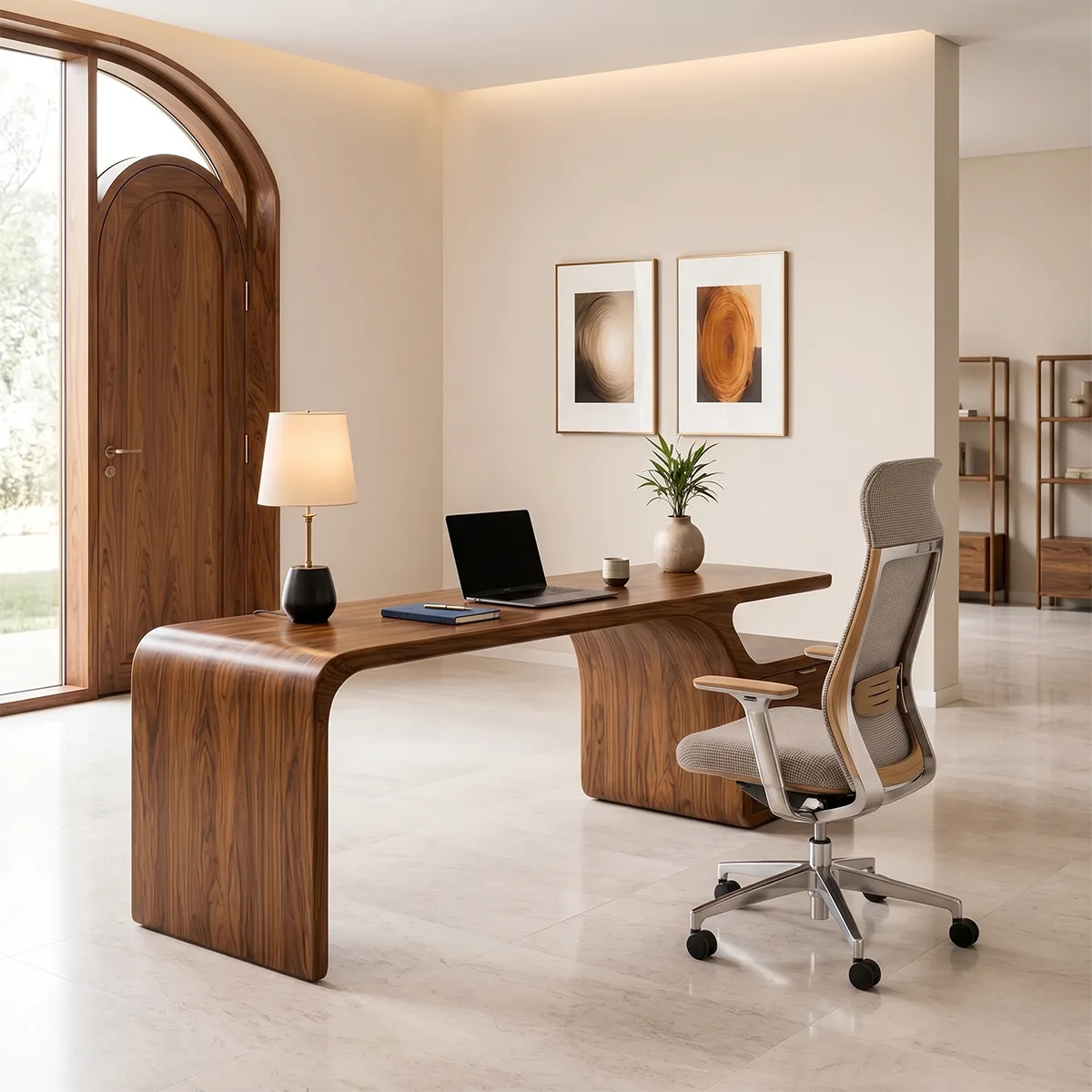 Solid Wood Executive Desk – Modern Organic Curved Writing Desk with Drawers TH003-3280