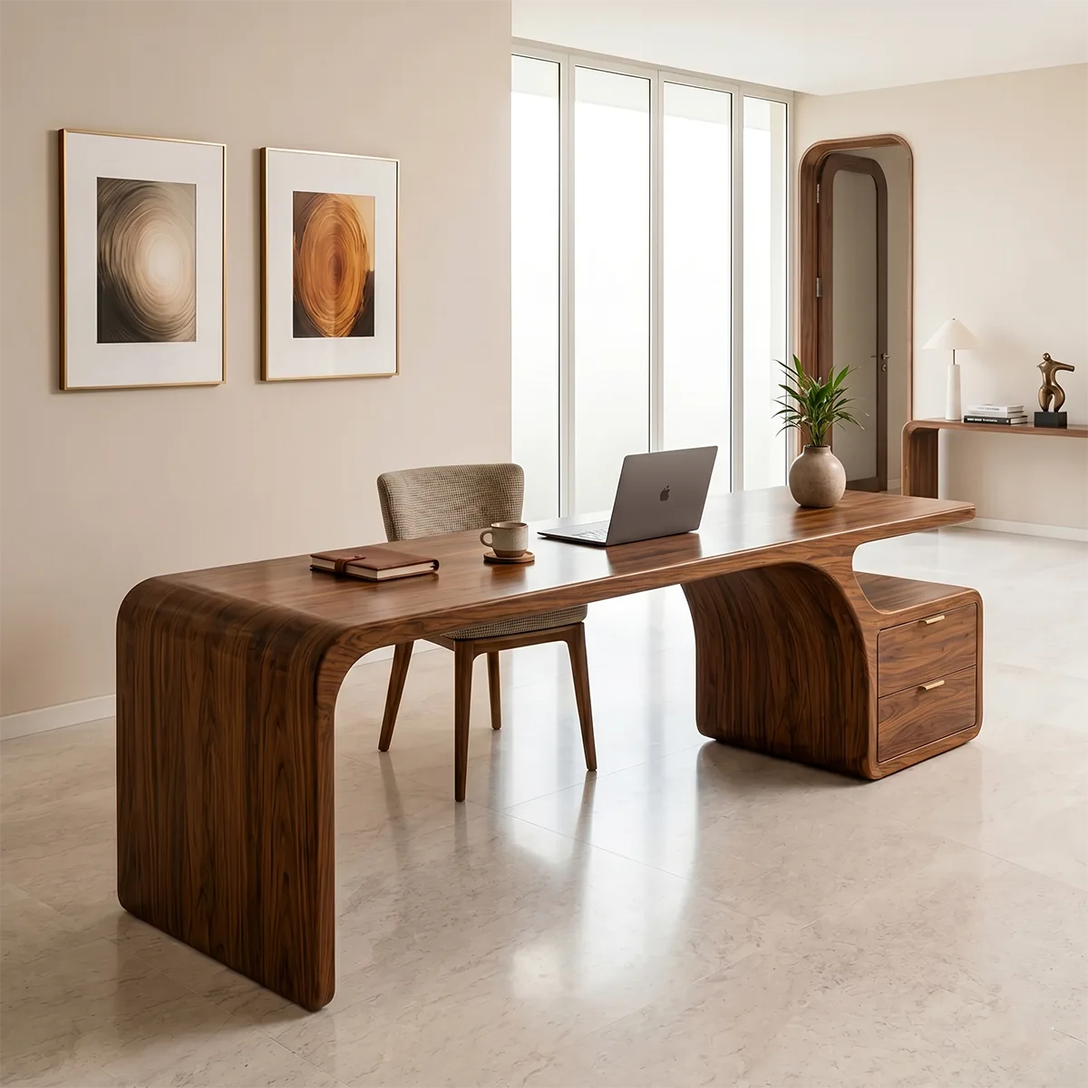 Solid Wood Executive Desk – Modern Organic Curved Writing Desk with Drawers TH003-3280