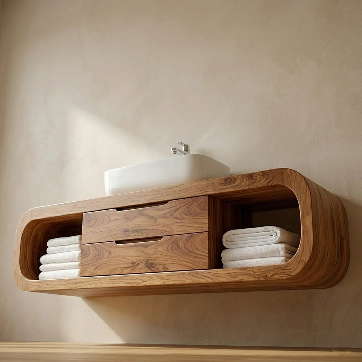 Handcrafted Curved Solid Wood Floating Vanity Cabinet with Drawers and Open Shelves