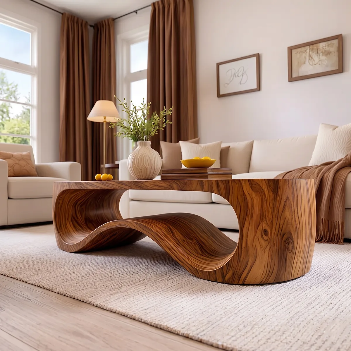 Modern Solid Wood Sculptural Coffee Table with Organic Wave Design